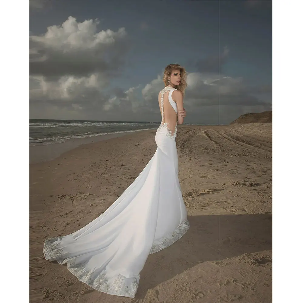 Robe de Mariée Sirène Blanche Sexy, Col en V Profond, Dentelle Appliques, Patients en Satin, Quelle que soit la Femme, Plage d'Été, Sur Mesure