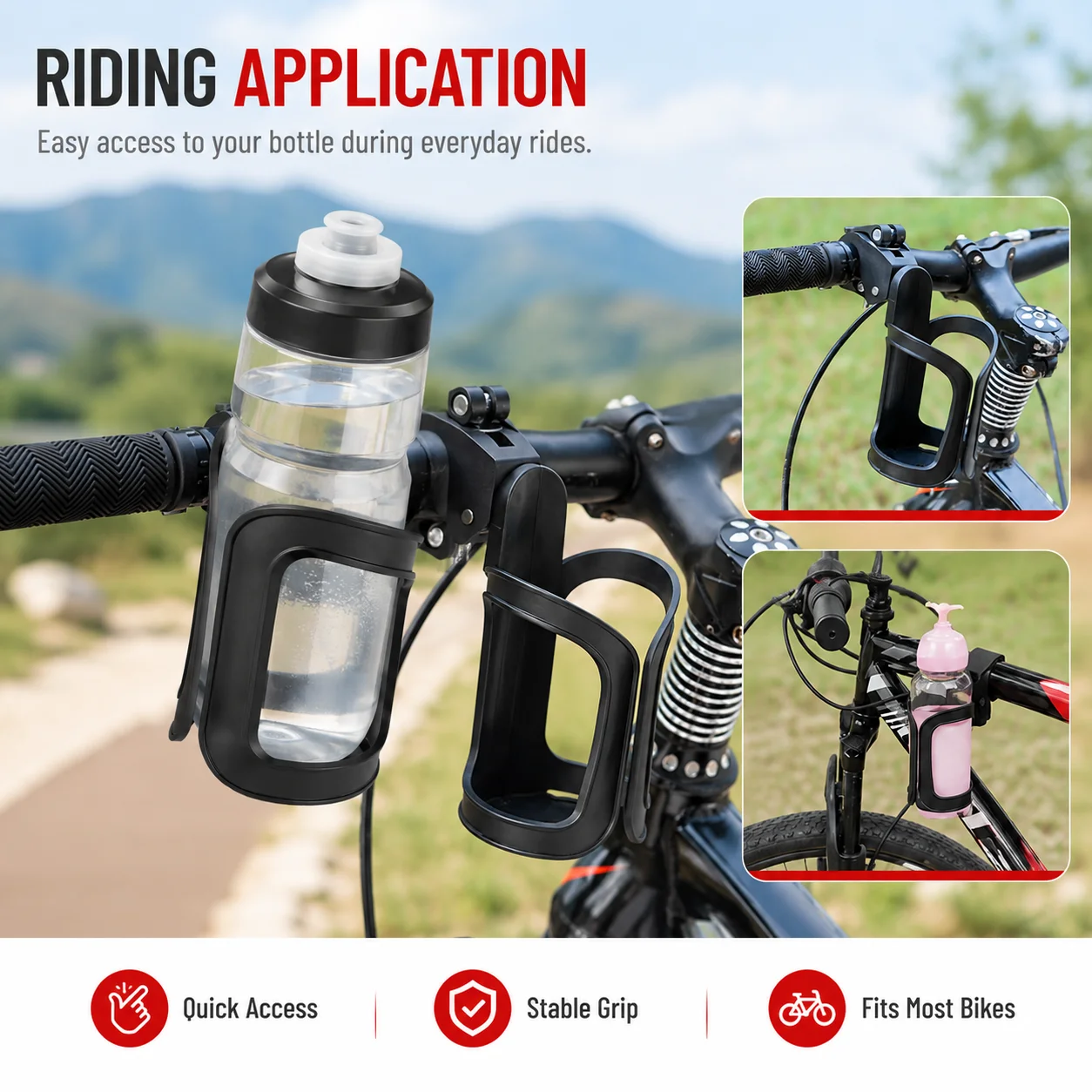 PINMOAP 1/2P Schnellspann-Fahrradflaschenhalter Ohne Bohren Fahrrad-Wasserflaschenhalterung Sichere Klemmbefestigung für Mountainbike und Rennrad – Detail 2
