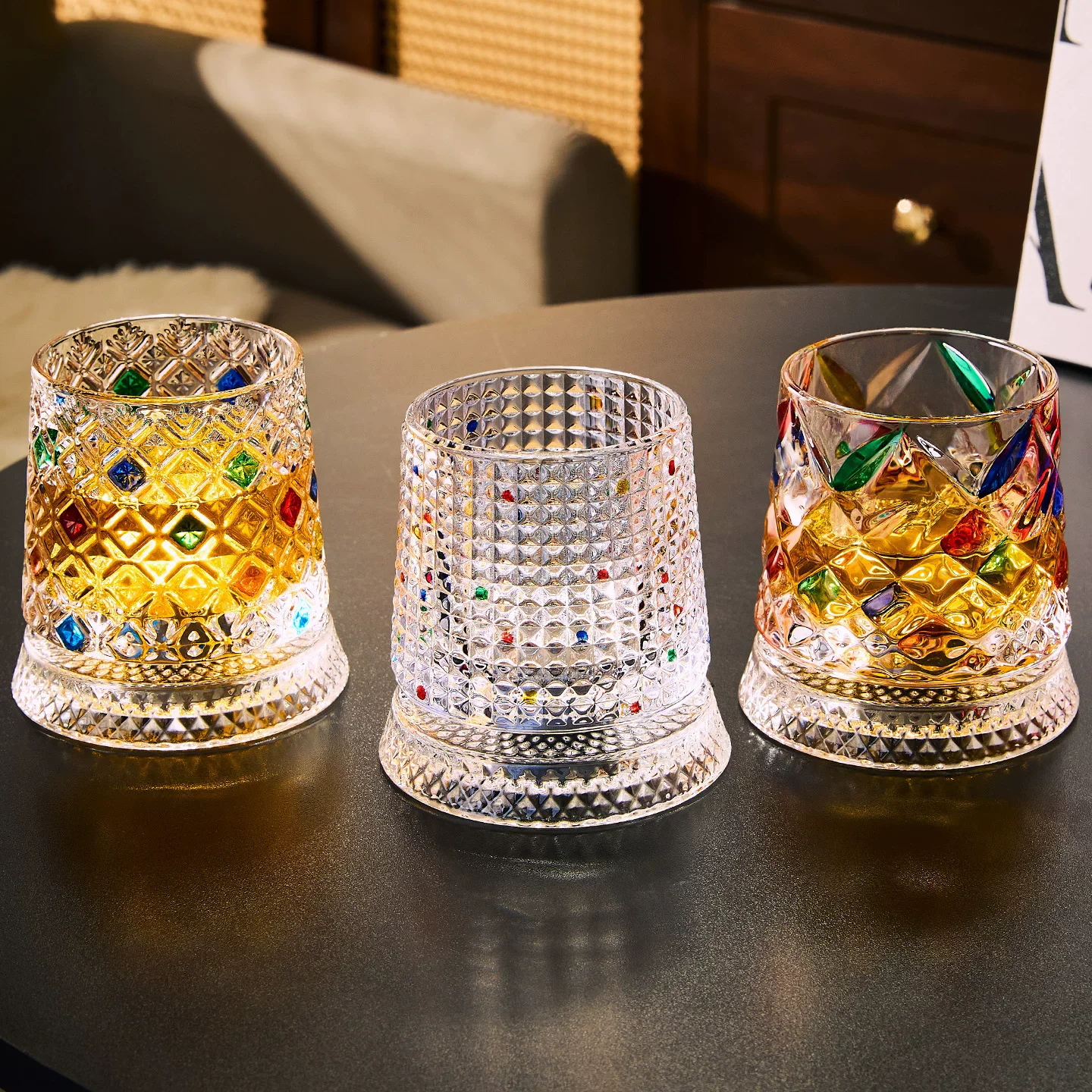 280ML Rotating Whiskey Glass Creative Crystal Premium Beer Cup Str Relief Liquor Cup With Base Straight Drink  Wine Glass