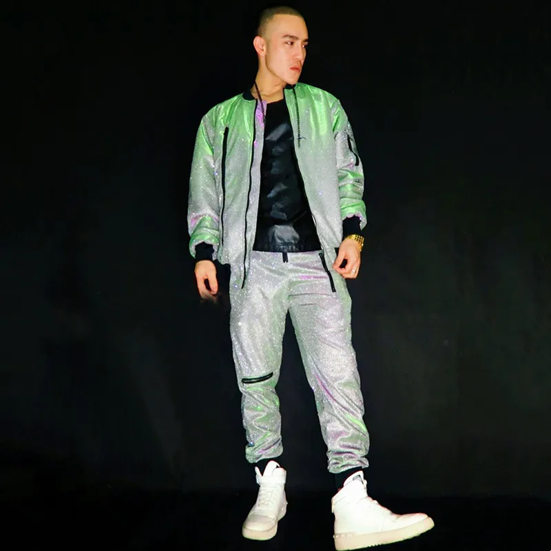 

Shining Green Purple Gradient Color Zipper Jacket Pants Set Bar Male Singer Jazz Hip Hop Dance Outfit Stage Performance Costume