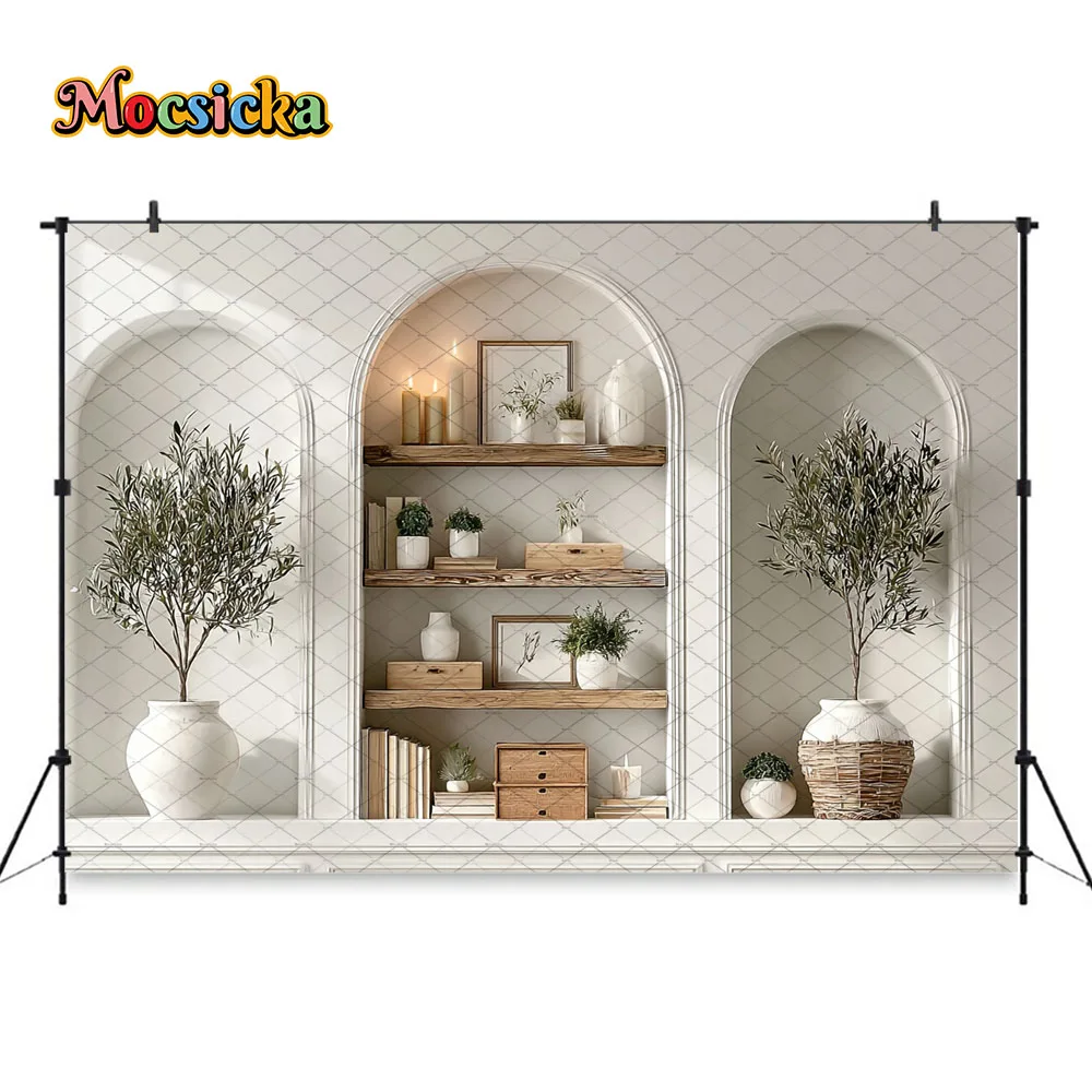 Mocsicka Photography Background Rustic Arch Shelf Boho Home Library Backdrop Family Portrait Mother's Day Photoshoot Studio view 5