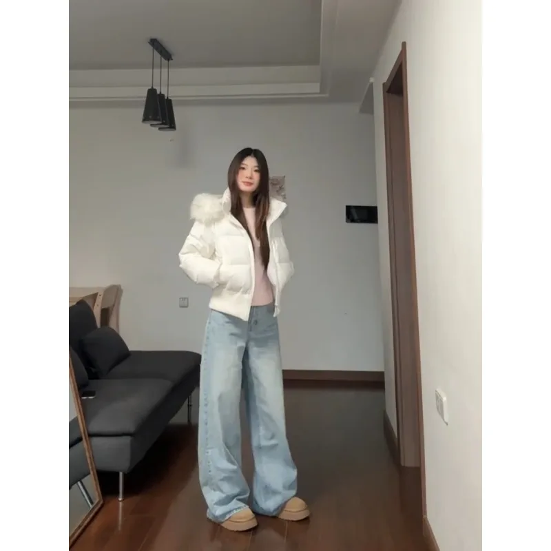 เสื้อแจ็คเก็ตขนเป็ดสั้นสำหรับผู้หญิง คอปกใหญ่ รัดเอว สำหรับฤดูหนาว เสื้อโค้ทลำลองแบบใหม่สำหรับคนตัวเล็ก