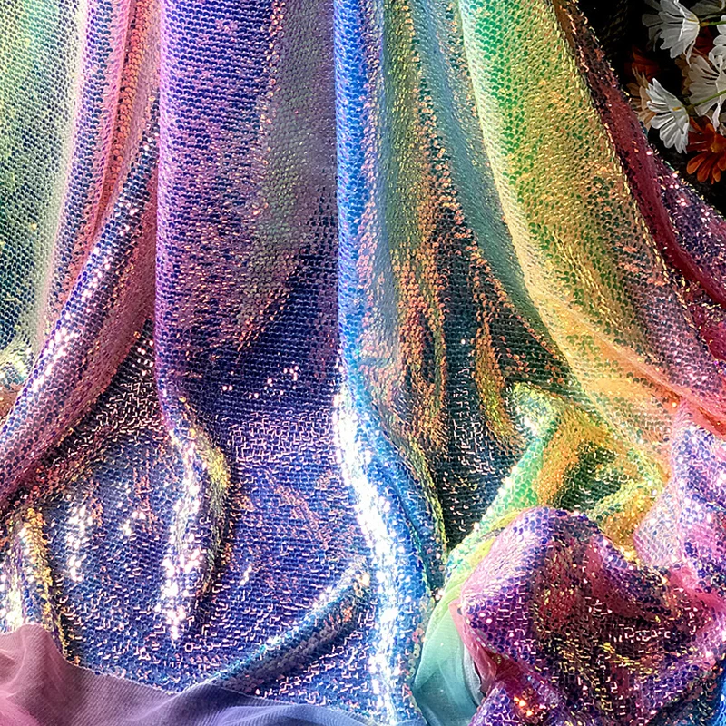 Gradient Color Rainbow Shiny Material Sequin Fish Scale Fabric for Dress Suit DIY Sewing Craft Clothing Supplies 130cm Width