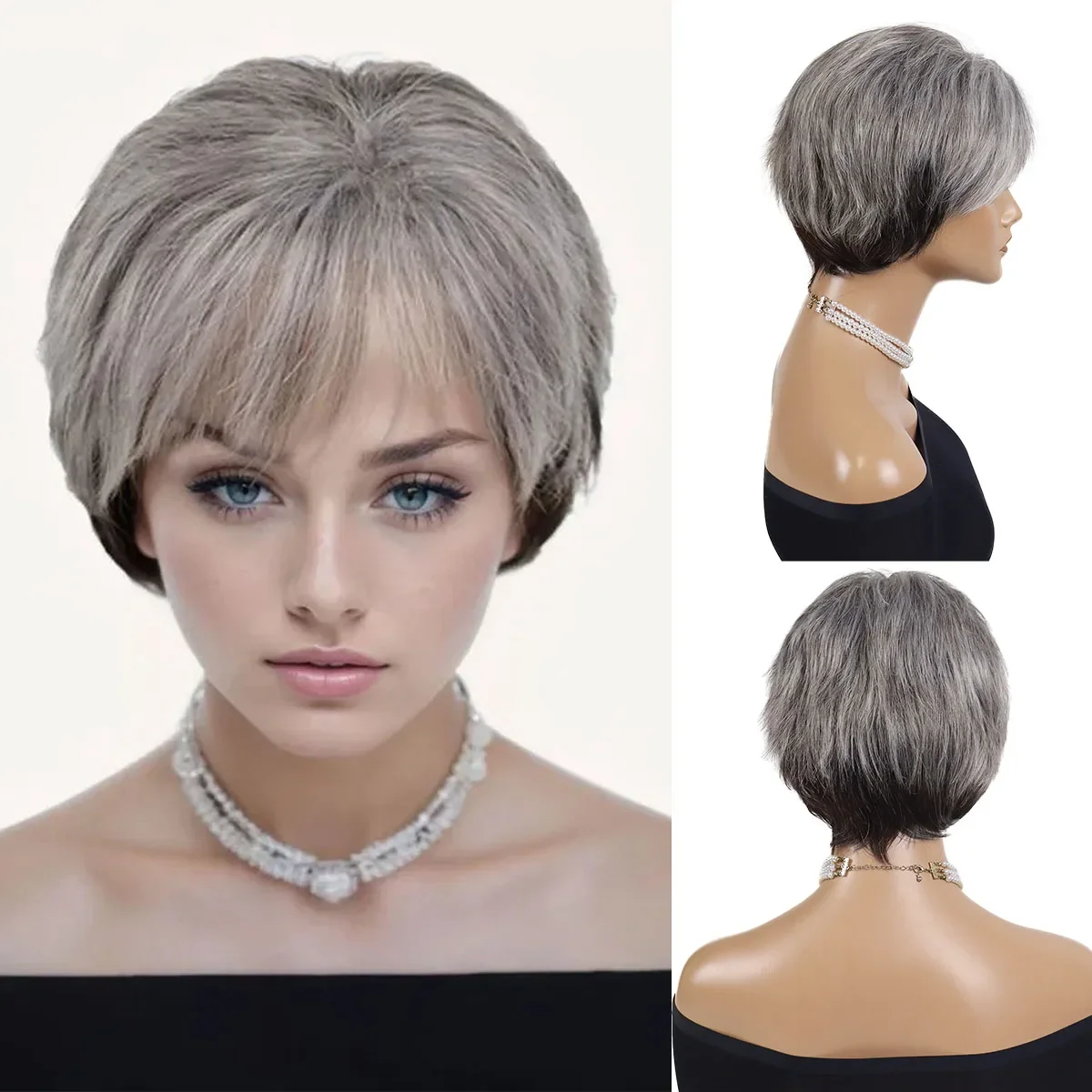 

Synthetic Hair Granny Wig with Bangs Short Grey Wigs for Women Natural Mommy Wigs for Daily Ues Old Lady Costume Halloween Party