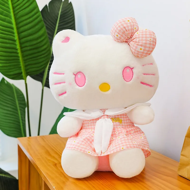 

Sanrio Kawaii плюшевая игрушка, наполненная кукла, милый кот Hello Kitty, летняя клетчатая юбка, детский подарок на день рождения, оптовая продажа, мягкие куклы