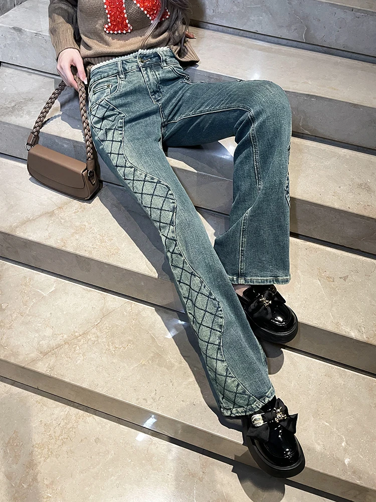 

High Waist Striped Fiing Net Denim Jeans Women's Straight Leg Wide Leg Pants Autumn Winter New Sle European Goods