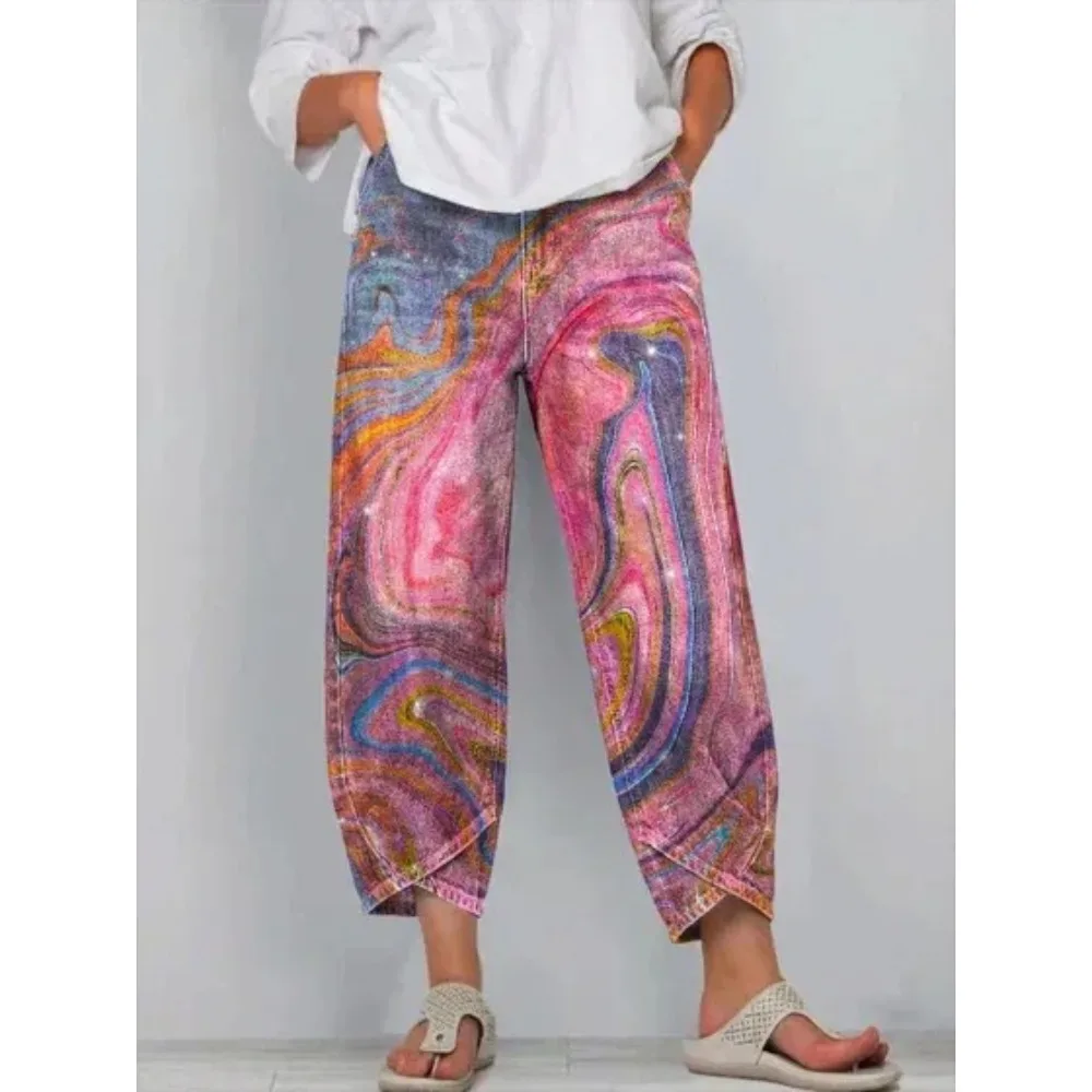 Kurze Harem-Capri-Hose mit abstraktem geometrischem Aufdruck für Damen, Baumwolle, lockere Passform, Tulpen-Wickelhose, knöchellange Freizeithose, XXS-4XL – Detail 3