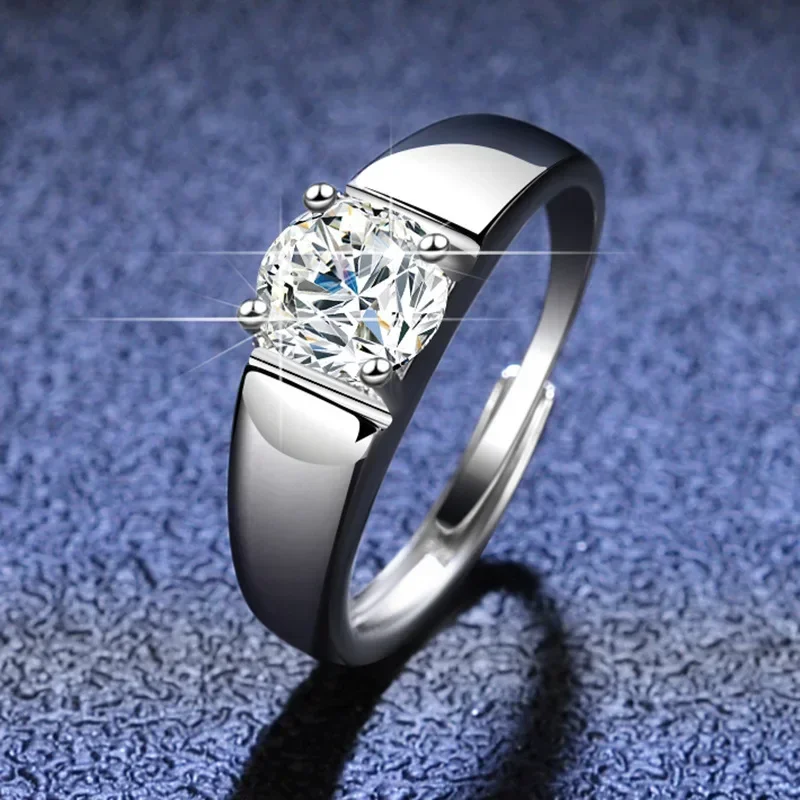 White Gold PT950 Moissan Diamond Rings for Men Classic Simple Atmosphere Men's Wedding Ring Jewelry