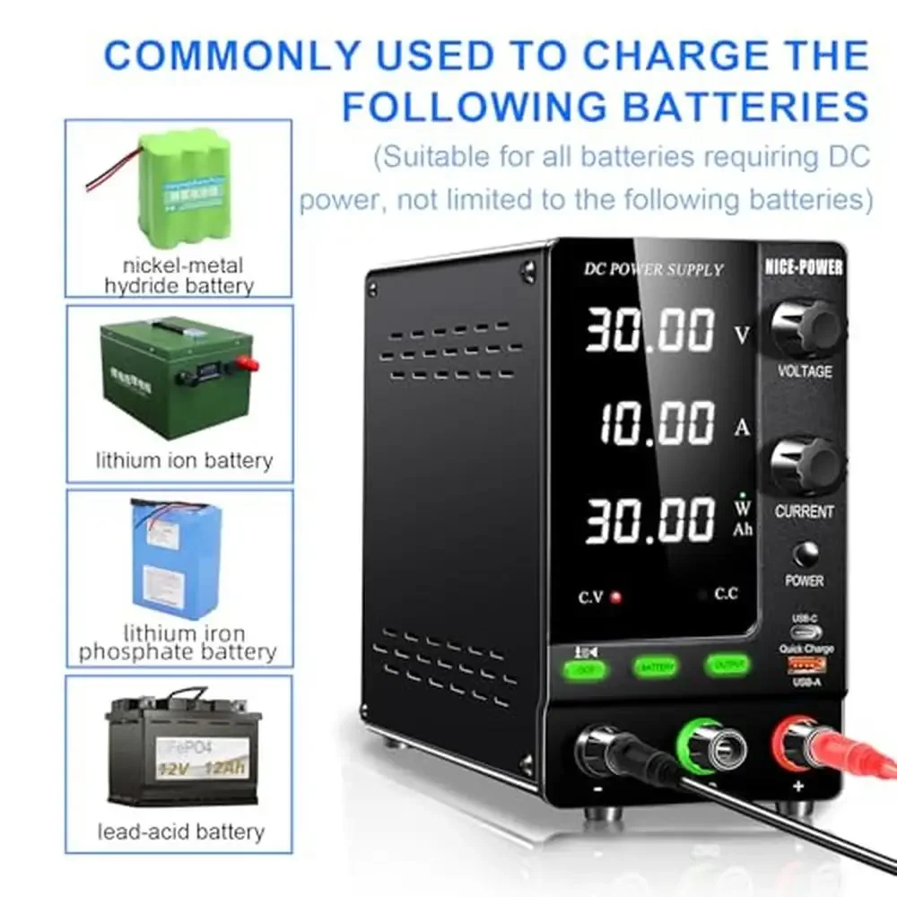 30V 10A 300W DC Power Supply Adjustable Encoder Lithium Ion Battery Charger Lab Bench Fast Charging Automatic Disconnect OCP