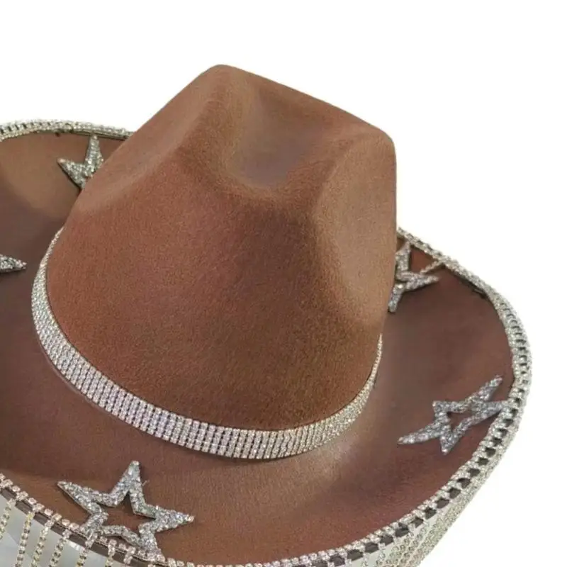 

652F Fringed Rhinestones Cowboy Hat for Adult Women Bridal Shower Cowgirl Hat Masquerades Party Costume Hat Elegant Headpiece