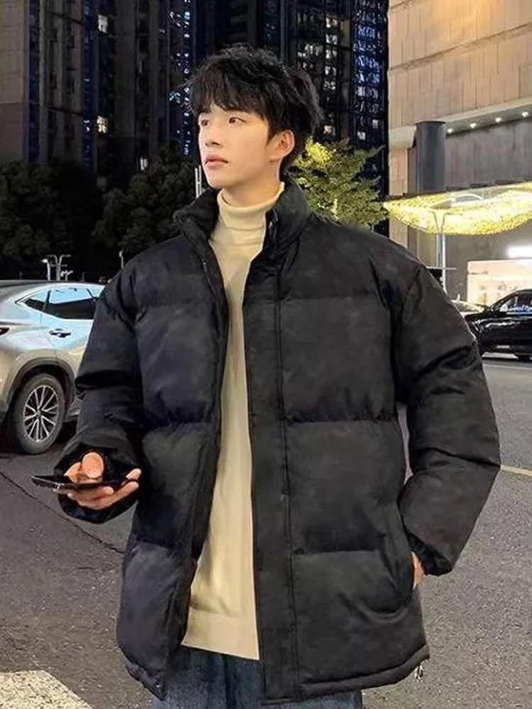 เสื้อแจ็คเก็ตผ้าฝ้ายสไตล์เรโทรใหม่สำหรับผู้ชาย ทรงหลวม คอตั้ง เสื้อคลุมฤดูหนาว ใยโพลีเอสเตอร์เสริมความอบอุ่น