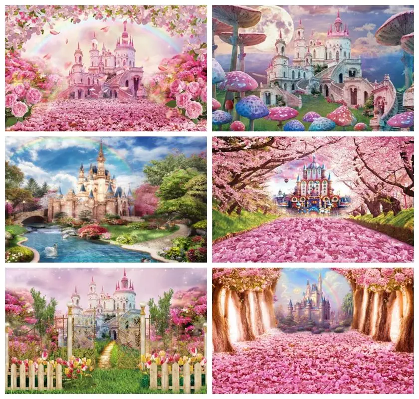 

Laeacco Birthday Newborn Backdrops Castle Pink Flowers Floral Sea Forest Baby Portrait Photography Backgrounds For Photo Studio