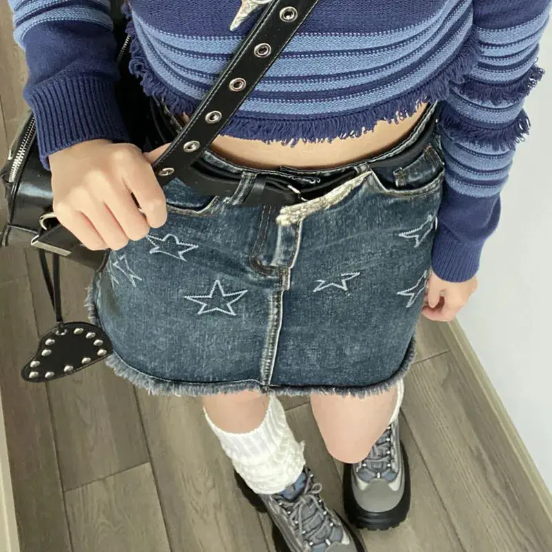 Retro American Style Embroidery Star Design Sense Fashion Denim Mini Skirt Women High Rise Retro Blue Skirt Big Size Korean