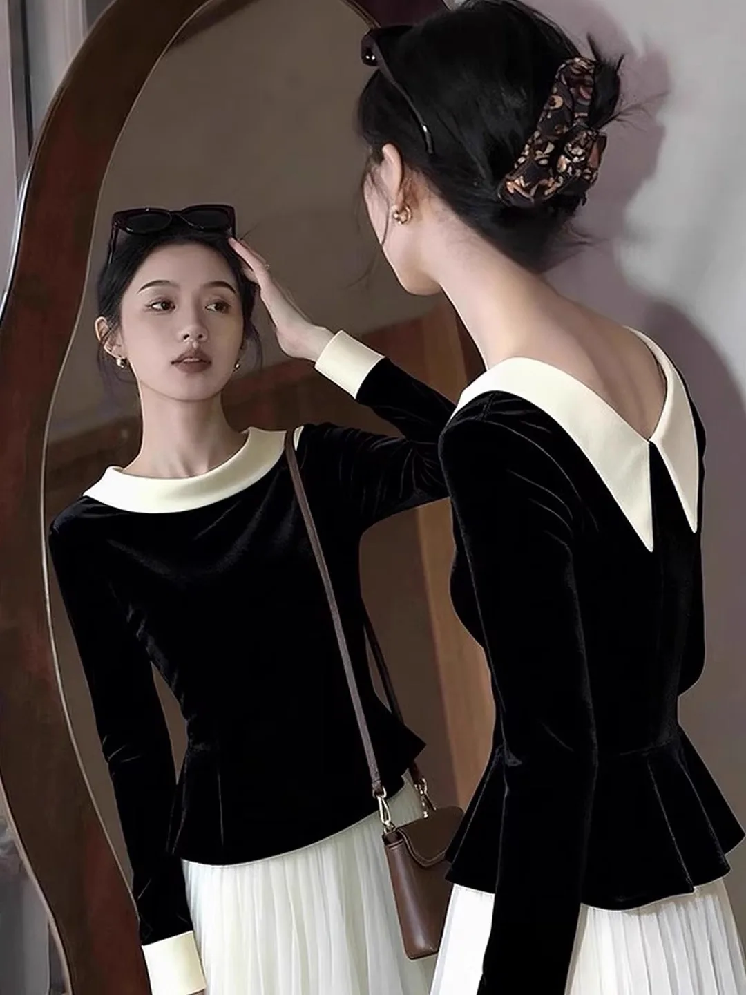 

Ele Velvet Long Sve T-irt Women's Autumn Winter Inner Wear High Waist Slim Fit Base irt Color Blo French Sle