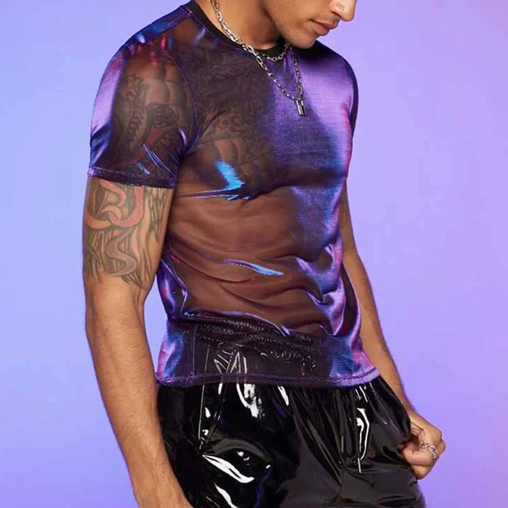 

Male T-Shirt T-Shirt Men Mesh T Shirt O Neck Party Nightclub Polyester See Through Short Sleeve Slight Stretch