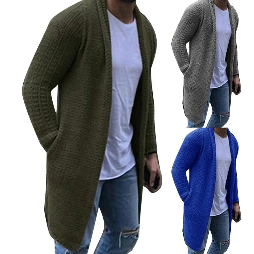 Men Cardigan Solid Color Open Front Knit Sweater Loose Pocket Men Cardigan Coat Fashion Winter Long Cardigan Men's Clothing