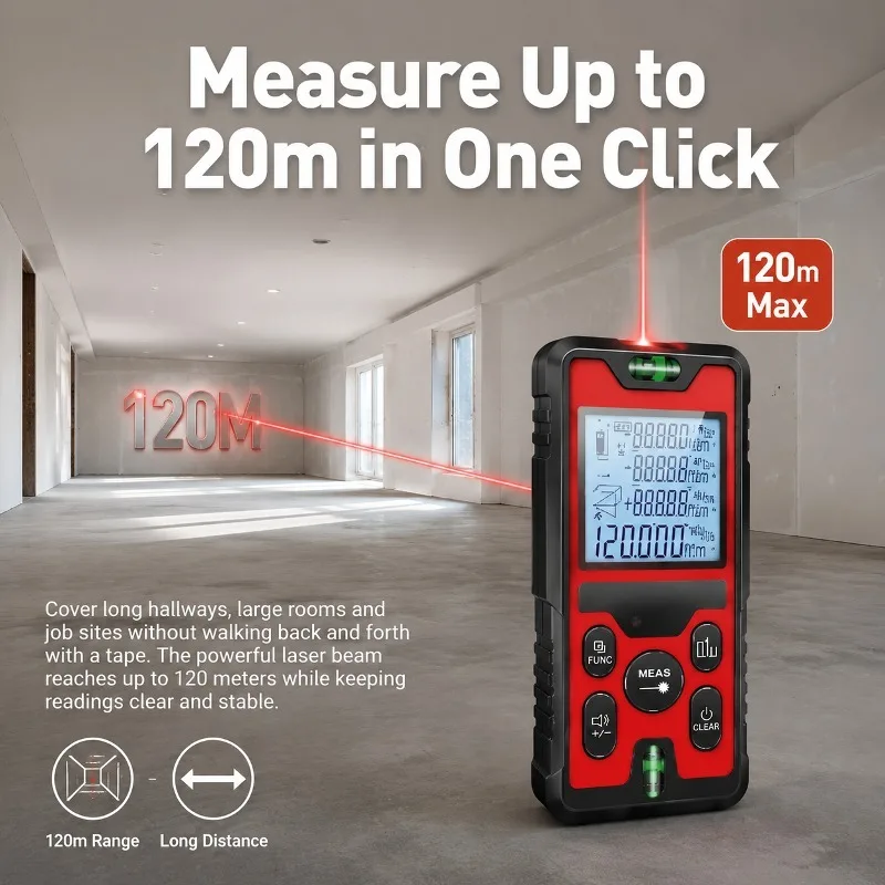 120M Laser Distance Meter USB‑C Rechargeable Laser Rangefinder Backlit LCD Bubble Level Digital Measuring Tool for Construction