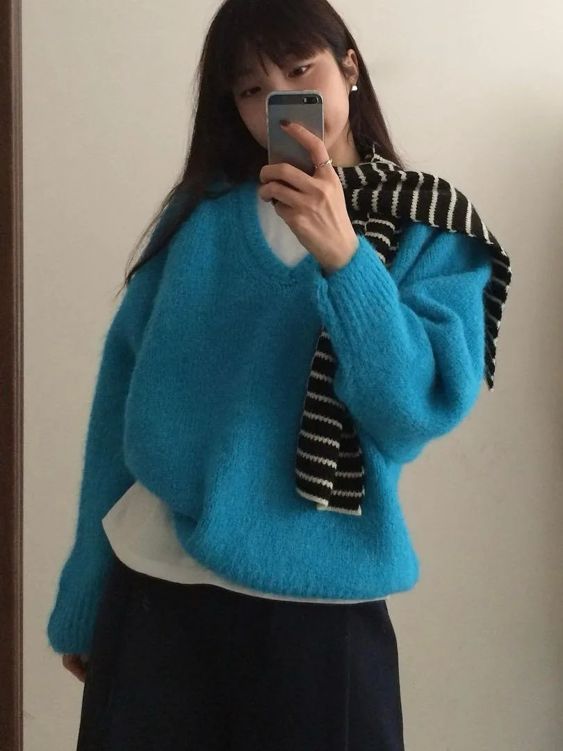 

Sweet Youthful Blue V-Ne Sweater Jaet Women's Loose Autumn Winter Knitted Top Breeze Feeling Casual Chic Outerwear