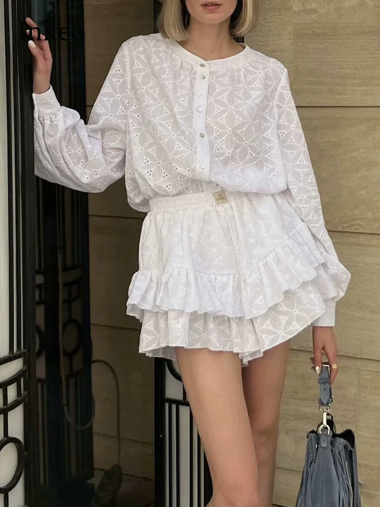 

Fashion Embrodiery lace 2 Piece set shirt and shorts Women 2024 Summer Long sleeve blouse tops Ruffles skirt Beach INKEO 4T019