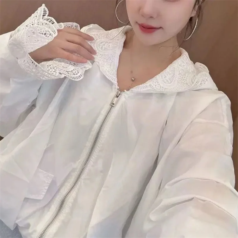 Spitze Sonnenschutz Jacke frauen Frühjahr/Sommer 2026New Spleißen Sonnenschutz Kleidung Mantel Weibliche Mode Mit Kapuze Outwear Flut top