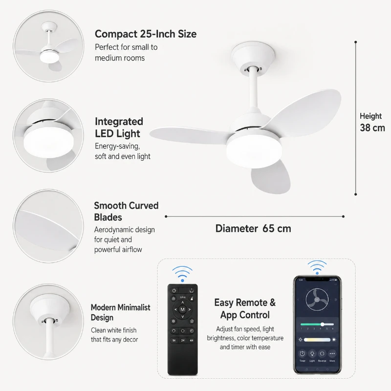 25 Inch Ceiling Fan with Light Remote Control APP Dimmable 3 Color LED Quiet Low Noise Bedroom Dining Room Home LED Ceiling Fan