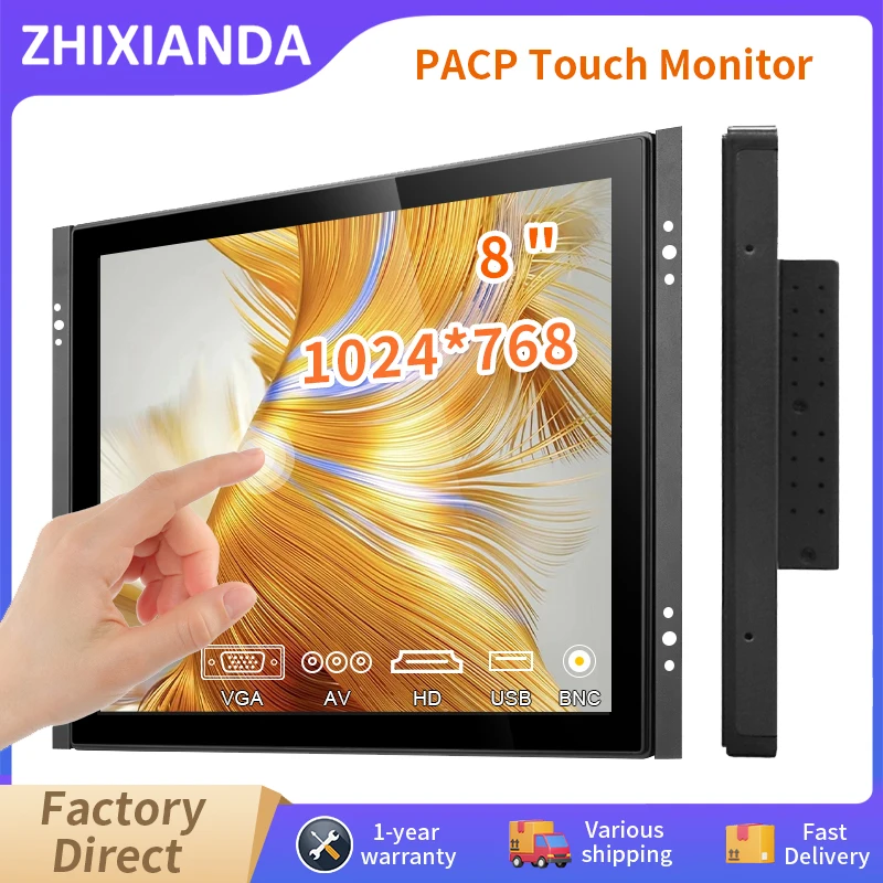 

Zhixianda 8 Inch 1024*768 Flat True Waterproof Capacitive Touch Screen Monitor Open Frame Industrial Display With VGA HDMI USB