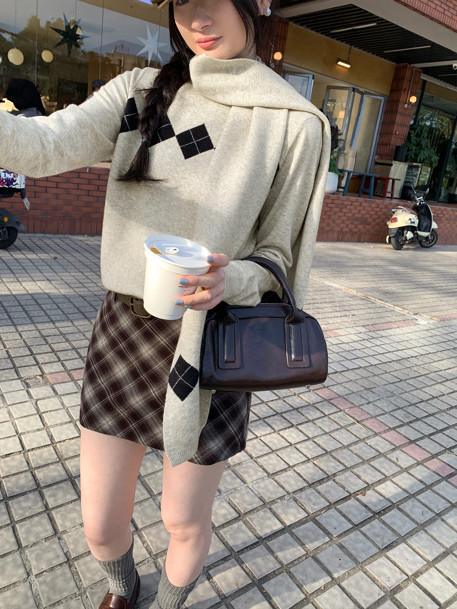 Oval Color Diamond Grid Scarf Short Knitted Sweater Base Shirt Two Piece Set Women Winter New Small Size Top Korean Style Loo...