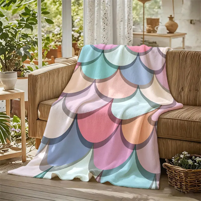 Pastel Mermaid Scales Flannel Blanket Warm Soft Halloween Christmas Decorative Couch Warm Cozy All-Season Gift