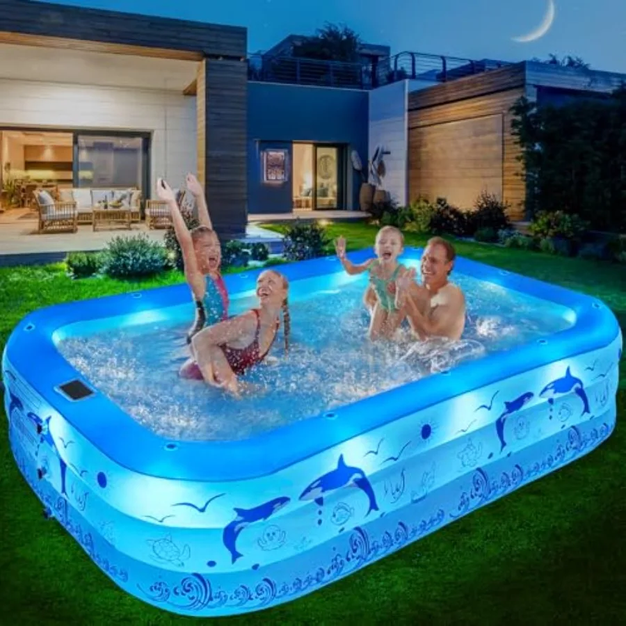 

Backyard inflatable pool for kids and adults PVC blue thickened material solar-powered lights oversized 100x63x20 blow-up swimm