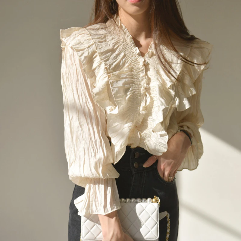 

Korean Sle Spring New Women's irt V-ne Pleated Sweet Aosphere Long Sve Women's Top Faionable Casual Outfit