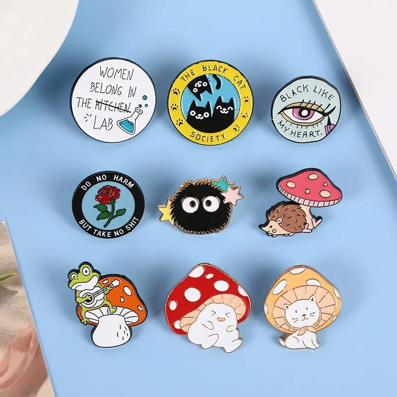 Cartoon Mushroom Cat Hedgehog Pin Briquettes Disc Eyes Enamel Pins DIY Jackets Brooch Jeans Lapel Pin Badge Jewelry Gifts