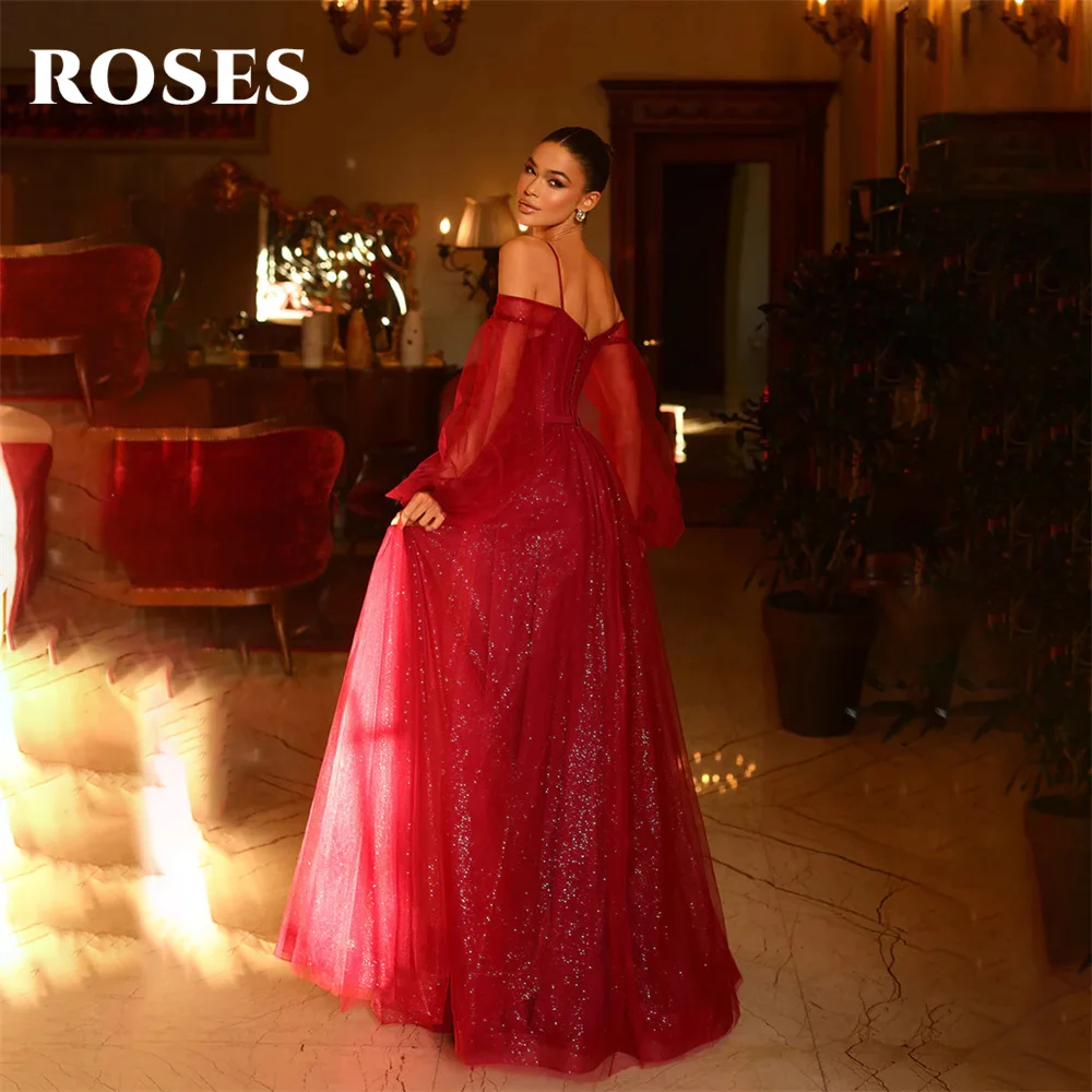 ROSES Glitter Red Prom Dresses Off the Shoulder Full Sleeves Evening Dress Side Split 프롬드레스 Spaghetti Strap Wedding Darty Dress