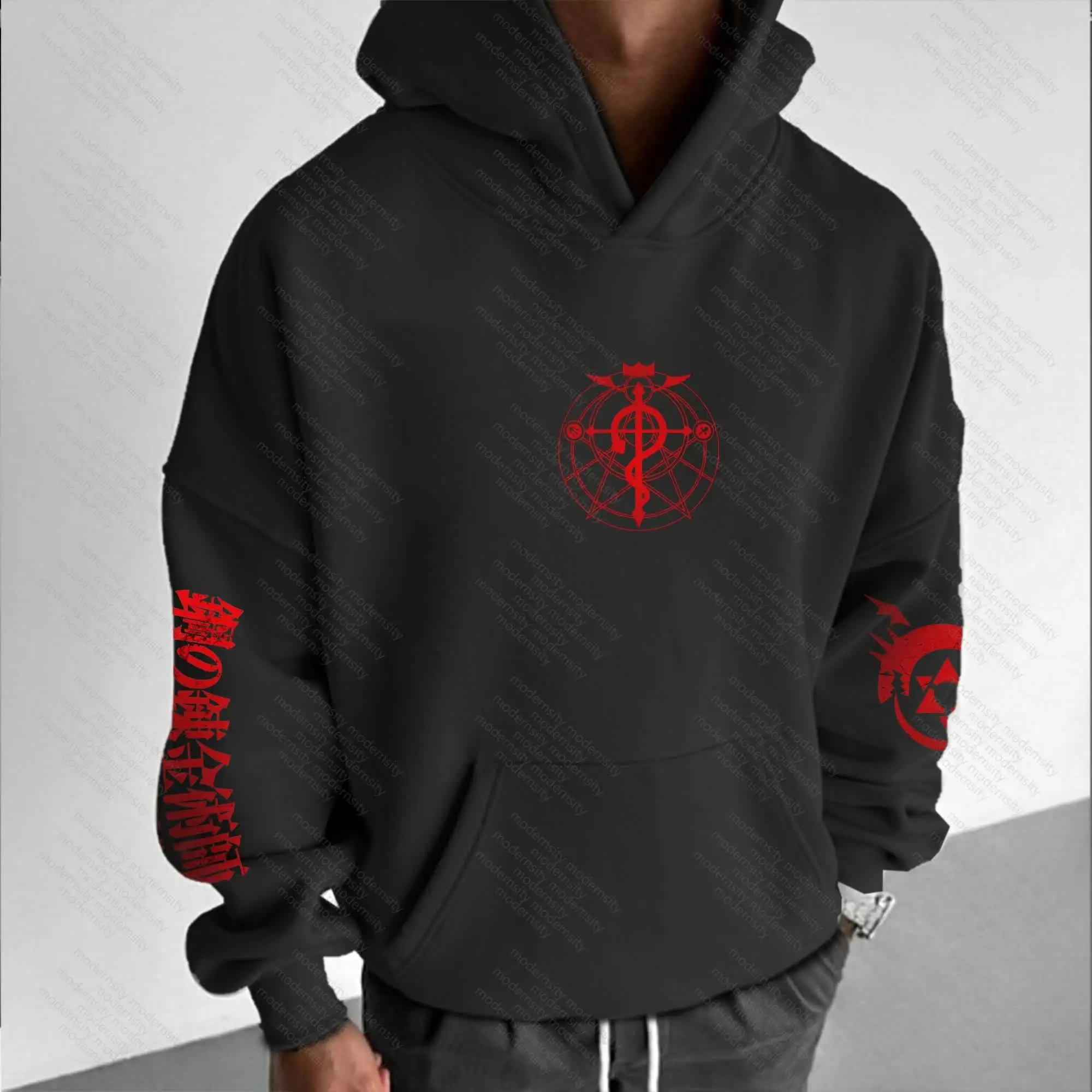 Conjunto de moletom com capuz Fullmetal Alchemist, personagem de anime de algodão preto com estampa de círculo de alquimia vermelha no peito, costas e mangas casuais