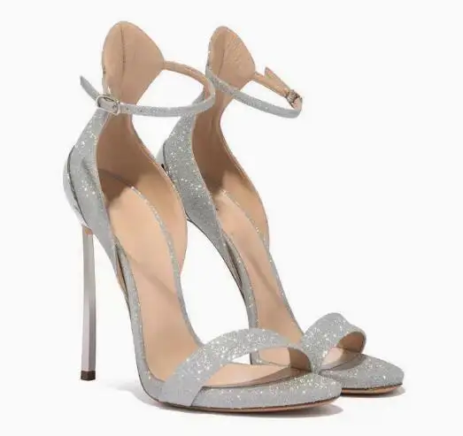 Summer Bling Sliver Glitter One Line Ankle Strap High Heel Sandals Women Metal Blade Heels Cover Heel Banquet Dress Sandals Shoe