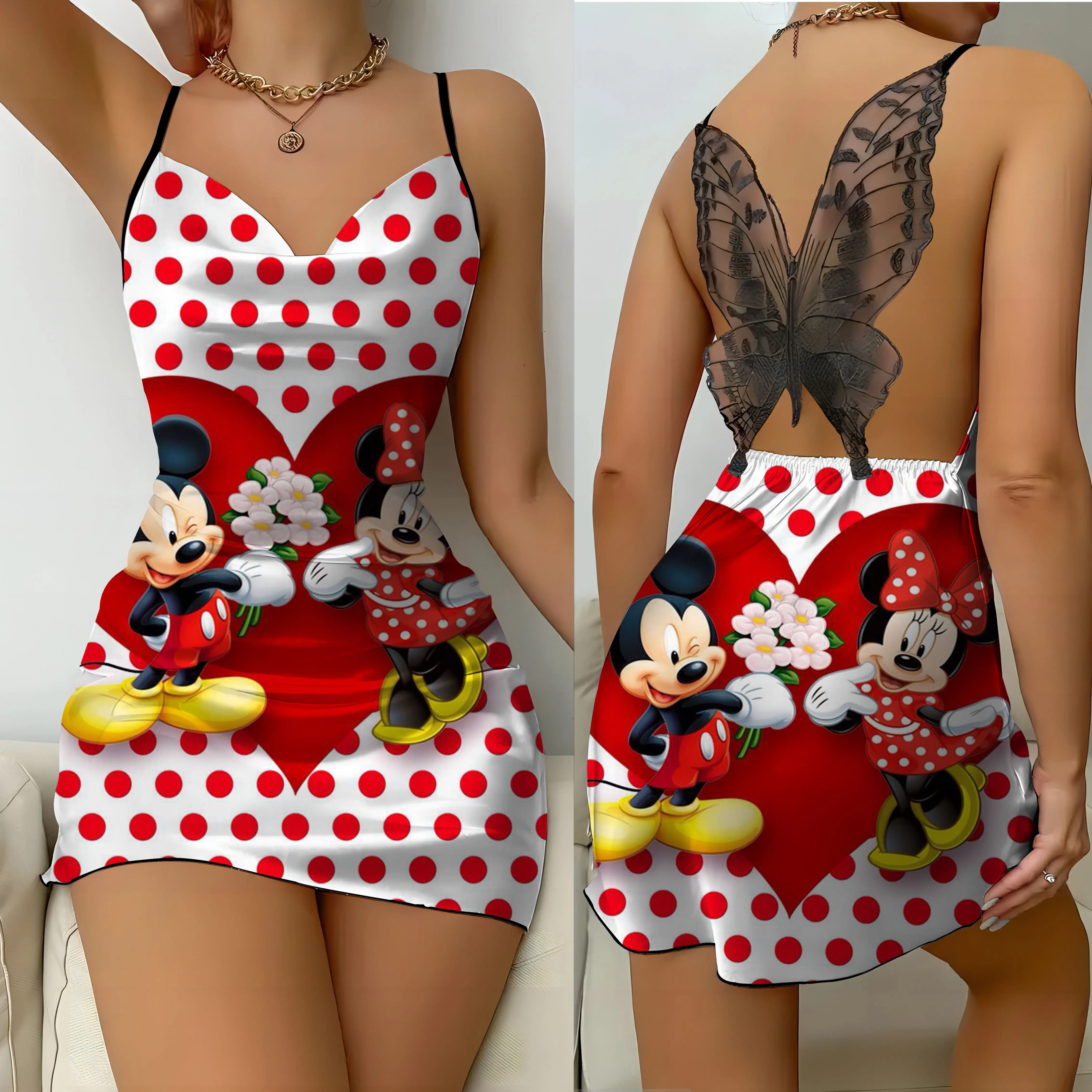 Mickey Backless Dress abiti da festa superficie in raso Disney Minnie Mouse Bow Knot pigiama gonna donna moda estate 2024 Mini Sexy