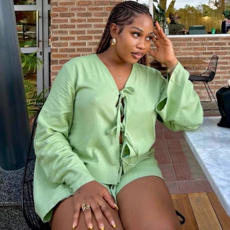 Plus Size African Women Two Piece Outfit V Neck Tie Front Blouse High Waist Shorts Set Casual Solid Ladies Fashion Matching Suit