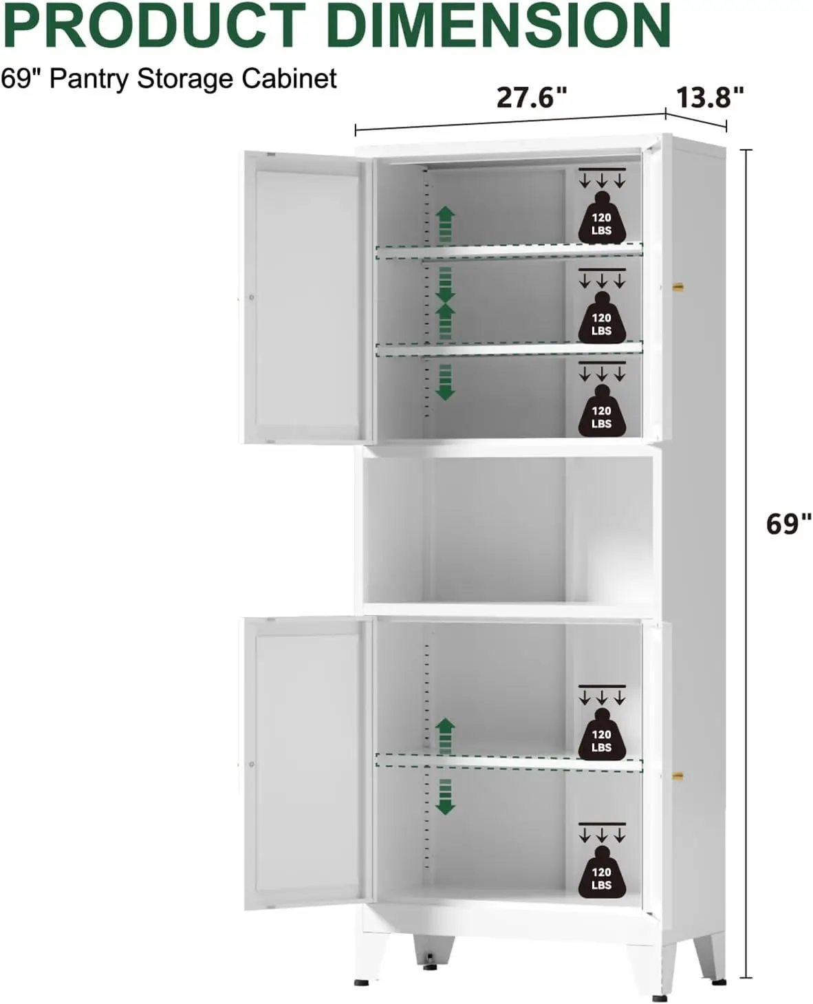 خزانة مطبخ معدنية، خزانة تخزين طويلة 69 مع 4 أبواب و3 أرفف قابلة للتعديل، خزائن قائمة بذاتها لتناول الطعام R