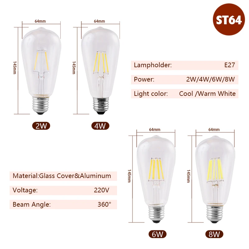 6 adet LED ST64 2W 4W 6W 8W AC 220V 230V 240V Filament ampul E27 soğuk sıcak beyaz ışık Vintage Edison lamba Retro cam görünüm