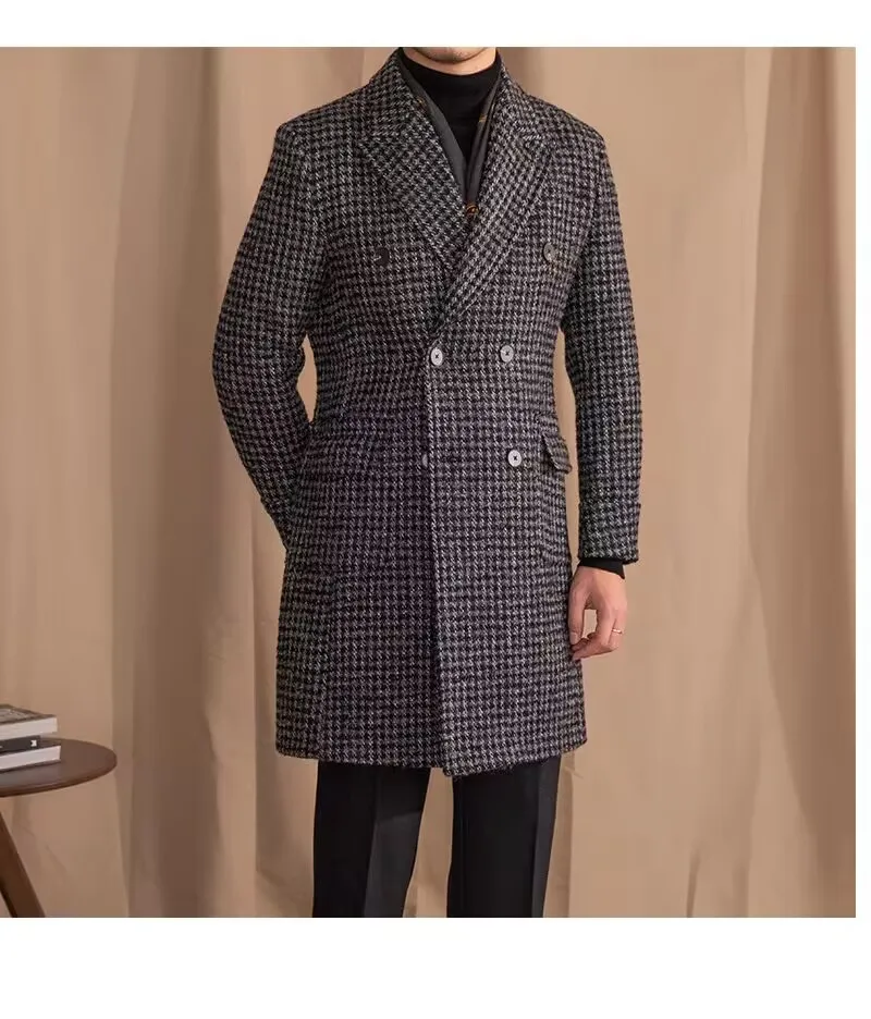 مزدوجة الصدر رمادي houndstooth رجل دعوى الأعمال سليم صالح طويل السترة بانت الذكور الشتاء حفلة موسيقية العريس ارتداء سهرة 2 قطعة مجموعة