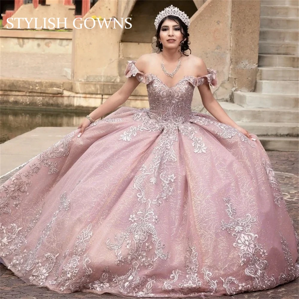 

Mexico Pink 15 Years Old Quinceanera Dresses Ball Gown Romantic Appliqued Off Shoulder Sweet 16 Graduation Dresses Wedding Gown