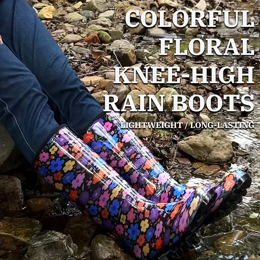 

Women's High Top Rain Boots Colorful Flower PVC Waterproof Slip-On Garden Shoes with Comfortable Quality Insole