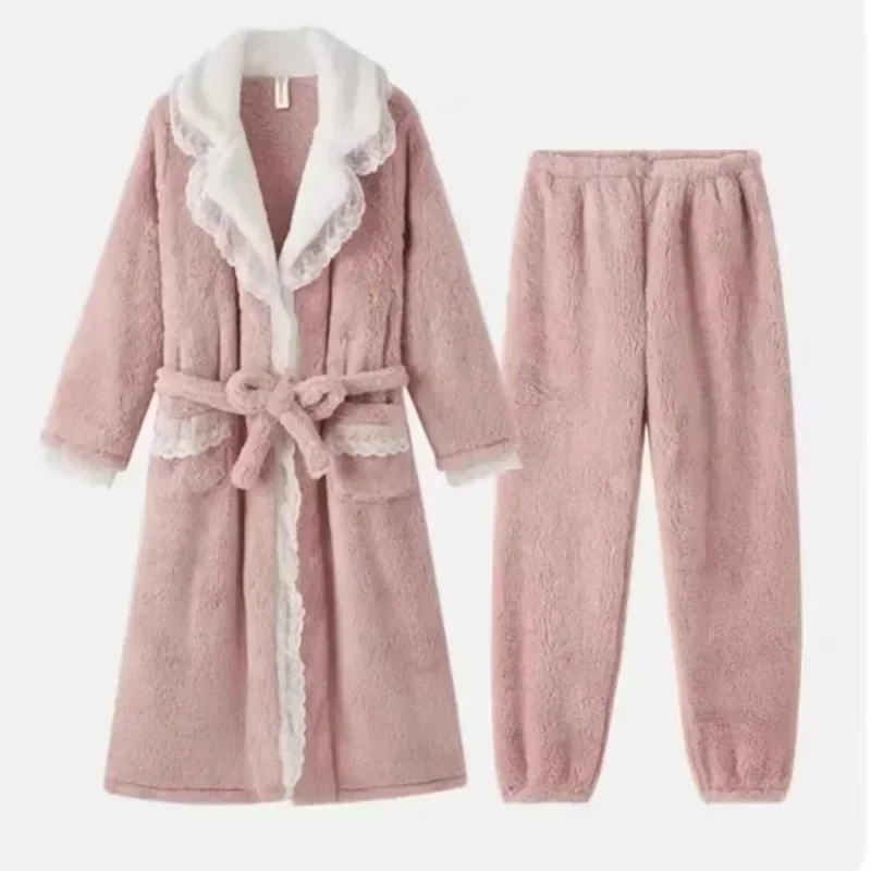 Women Dressing Gown Autumn Winter Thicken Warm Female Coral Velvet Pajama Dress Long Outer Loungewear Set V-neck Lace Edge Robes