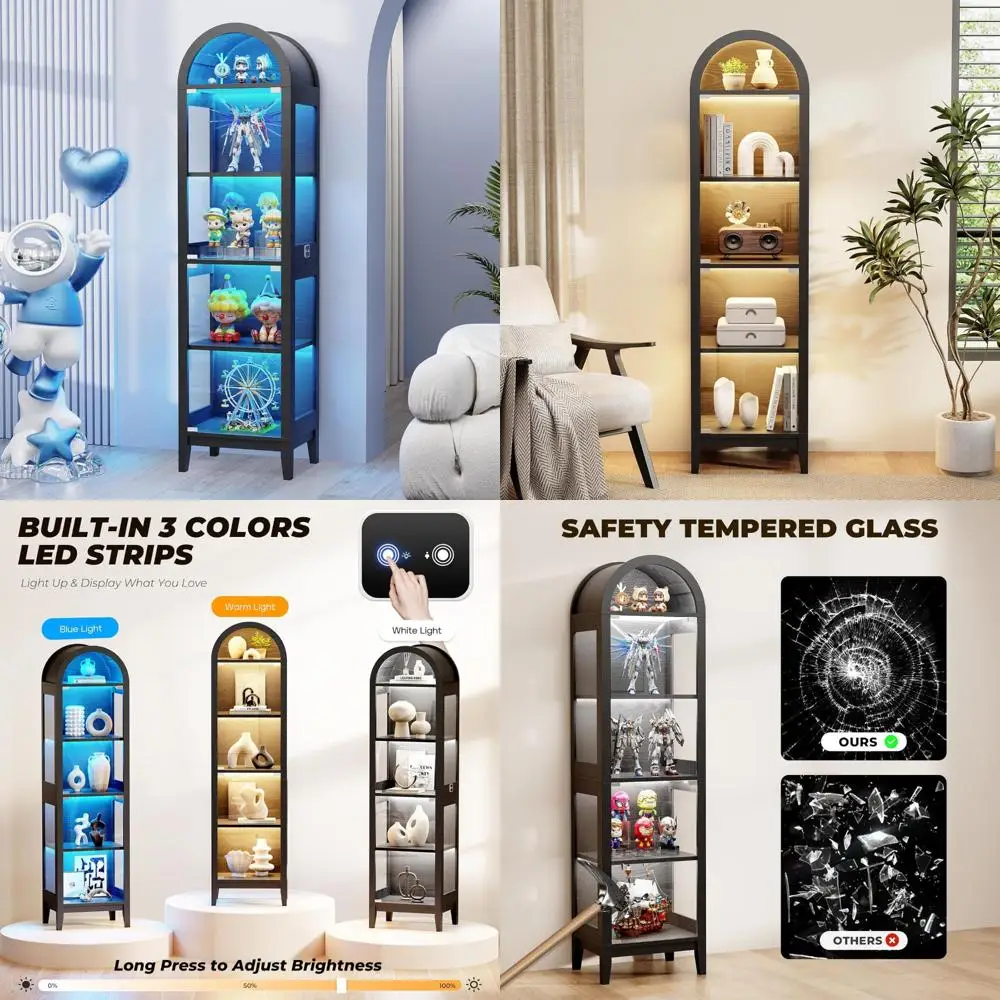 

71-Inch Tall Arched Glass Door Display Cabinet with LED Lighting for Collectibles and Books, 5-Tier Showcase