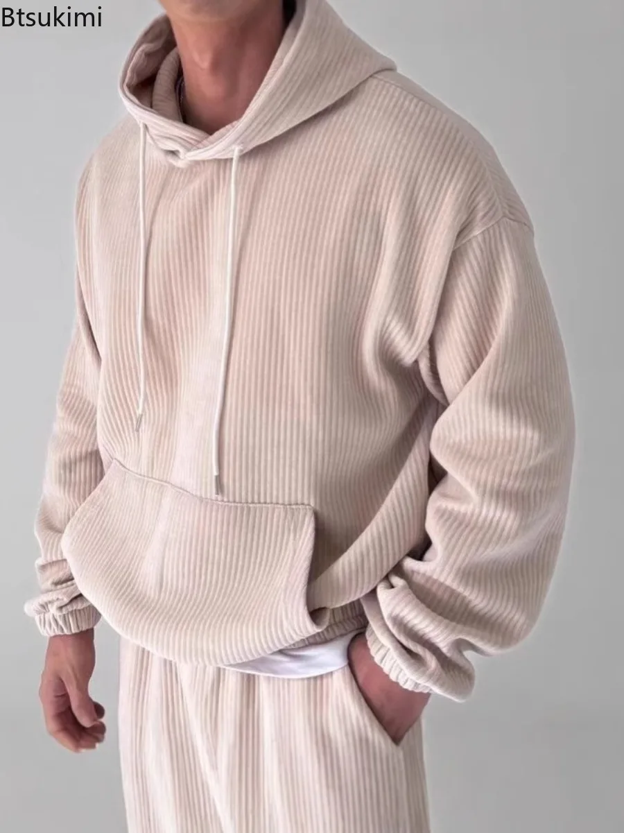 

2025 Casual Corduroy Hoodies Men's Spring Autumn Long Sleeve Pullover Sweatshirts Trend Streetwear Solid Big Pockets Hooded Tops