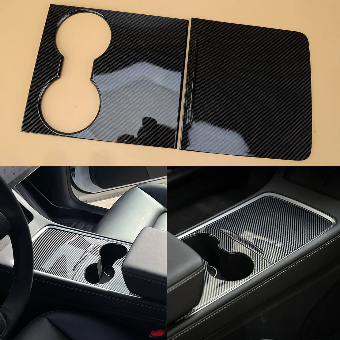 Car Center Console Cup Holder Panel Wrap Cover Trim Set Decoration Fit For Tesla Model 3 Y 2021 Carbon Fiber Texture ABS