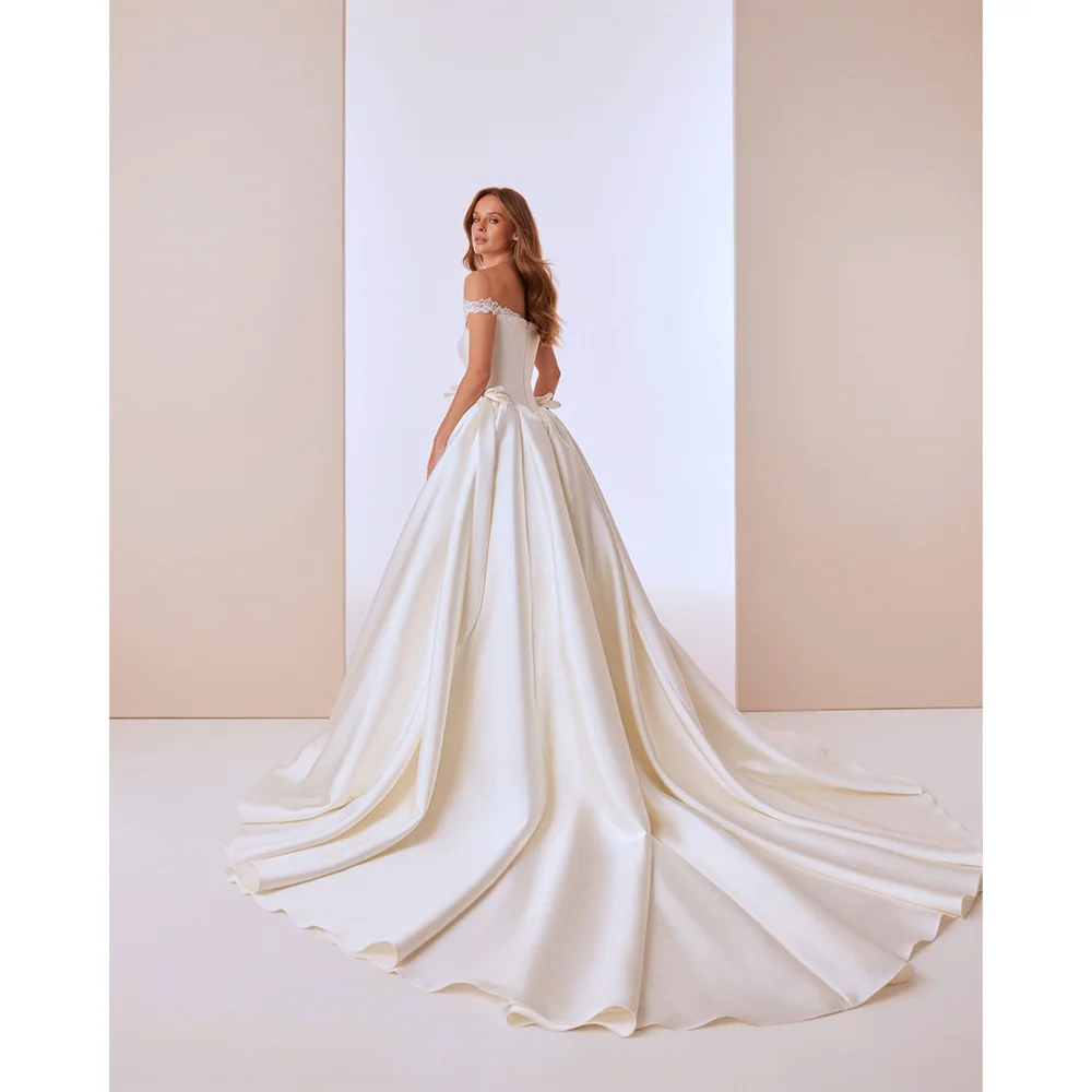 Ivory Wedding Dresses for Women Off The Shoulder Lace Bow Tie Ball Gown Fluffy Skirt Long Train Elegant Bridal Dress Customized