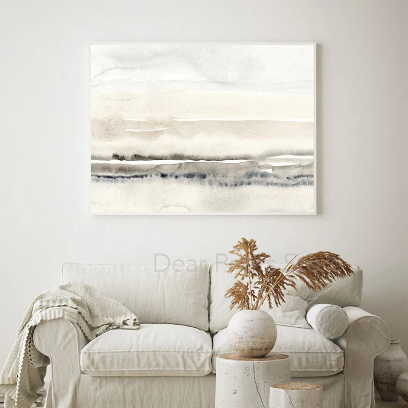 Neutral Watercolor Abstract Painting Canvas Print Horizontal Wall Art Picture Minimalist Poster Living Room Bedroom Home Decor