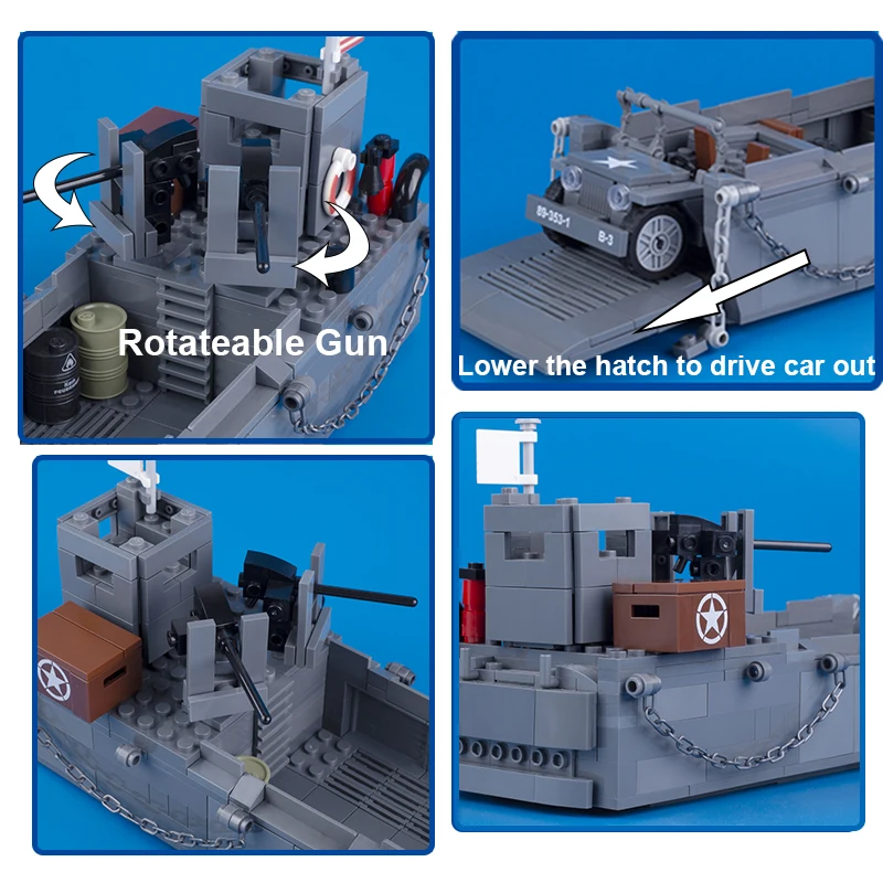 Militaire LCM3 Landing Craft Oorlogsschip Model Bouwstenen WW2 Amerikaanse Soldaten Leger Voertuig Onderdelen Mini Bakstenen Gemonteerd Speelgoed Moc Kid