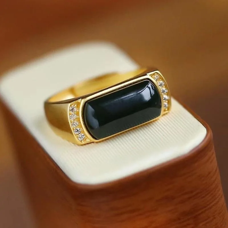 

New Arrival Elegant Bold Rectangular Obsidian Smooth Surface 24K Gold Plated Open Ring for Men and Women