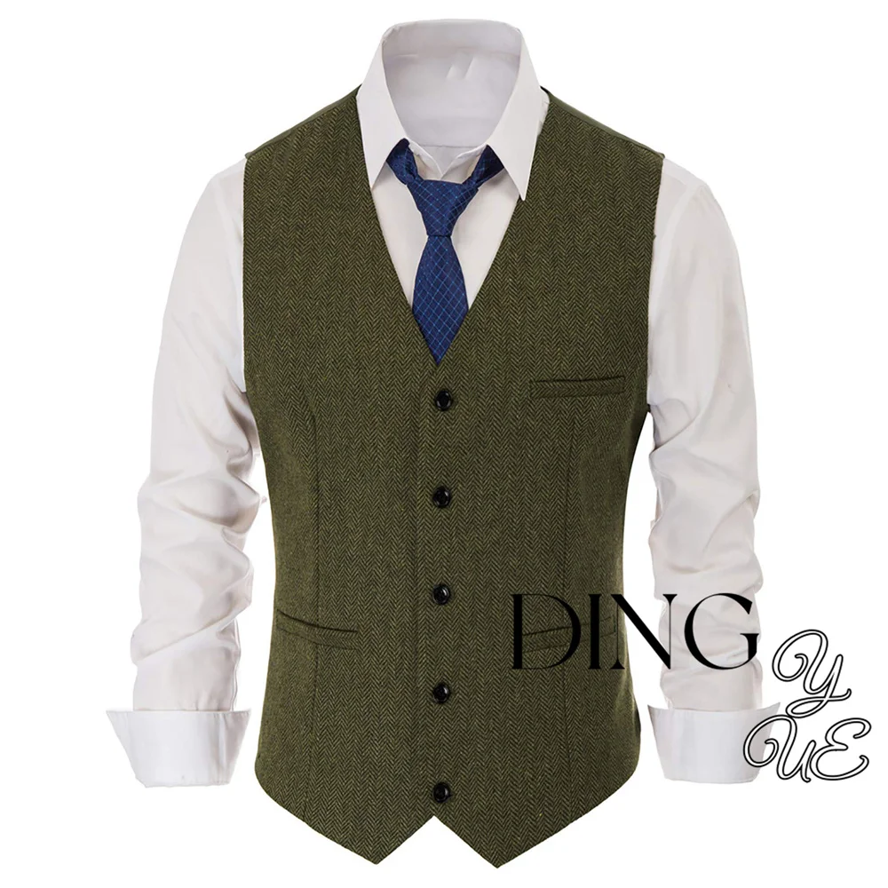 

Men's Western Herringbone Tweed Suit Vest Wool Blend V Neck Slim Fit Waistcoat